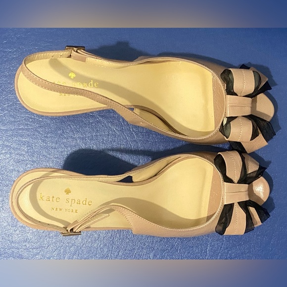 New Kate Spade New York Billow bow sling back beige heeled peep toe sandals - Picture 4 of 14